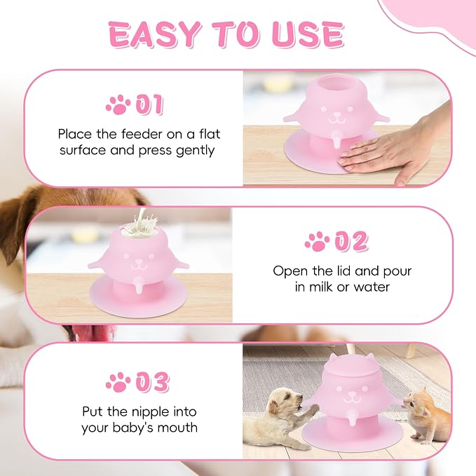 2Pcs Puppy Milk Feeder Nursing Station, Dispenser Food Grade Silicone with 4 Dummy Nipples 230ml Capacity for Newborn Puppies, Rabbits, Kittens (Pink, Yellow)