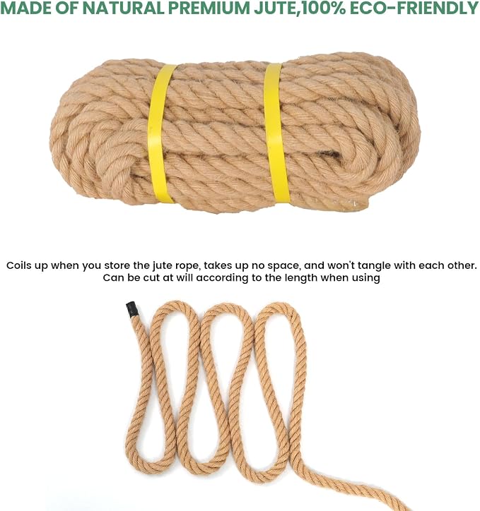 Jute Rope 3/4 in×25 ft Natural Material Heavy Duty Jute Rope Twisted for Indoor Outdoor Crafts, Nautical, Tug of War, Railing, Hammock, Swing, Gardening