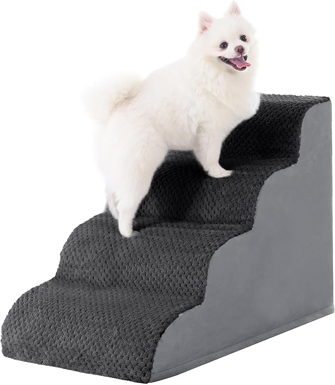 Dog Stairs Ramp, Curved 4-Step Dog Steps for Small Dogs and Cats, Pet Stairs for High Beds and Couch with Anti-Slip Washable Cover and Durable High Density Foam, Dark Grey