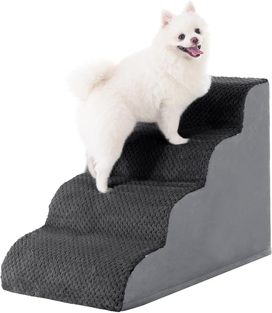 Dog Stairs Ramp, Curved 4-Step Dog Steps for Small Dogs and Cats, Pet Stairs for High Beds and Couch with Anti-Slip Washable Cover and Durable High Density Foam, Dark Grey