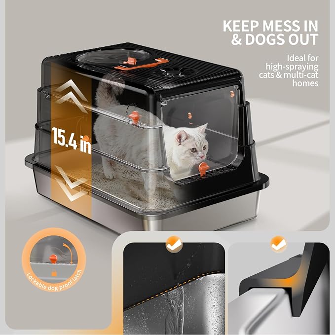 Stainless Steel Cat Litter Box with Lid, Extra Large Enclosed Metal Litter Pan with High Sides, Full Flip Cover Litter Box for Large Cat, Include Scoop & Step, Leak Proof Easy Clean Odor Control-Black