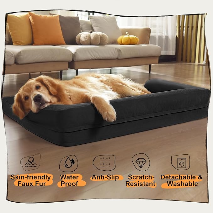 Orthopedic Bolster Dog Bed for Large Dogs – Memory Foam Cushion, Calming Support Design, Removable Washable Waterproof Cover, Non-Slip Bottom, Cozy Sleeping Space for Pets