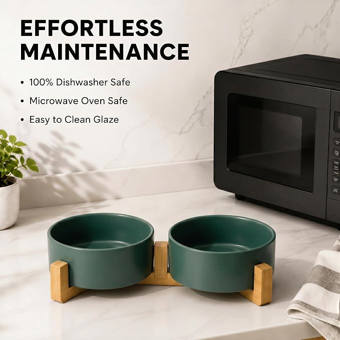 SPUNKYJUNKY Ceramic Dog and Cat Bowl with Wood Stand Non-Slip Matte Glaze Weighted Food Water Set for Cats &Small Dogs 13.5 OZ Green