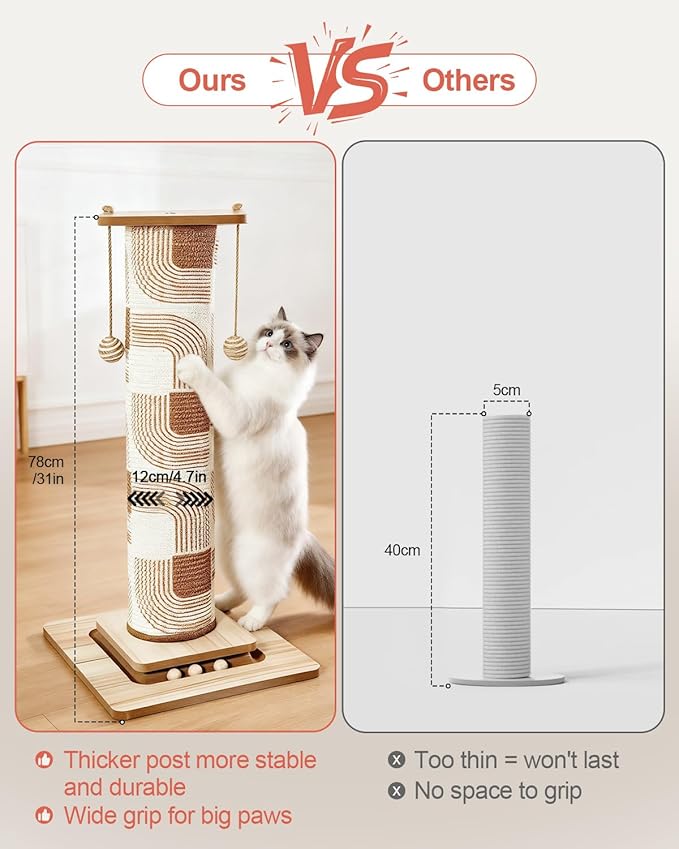 31" Extra Tall Cat Scratching Post, Natural Sisal Cat Scratcher for Indoor Cats Adults & Large Cats, Sturdy Wood Cat Tree Tower with Interactive Ball Track & Top Perch, Modern Design for Home Decor