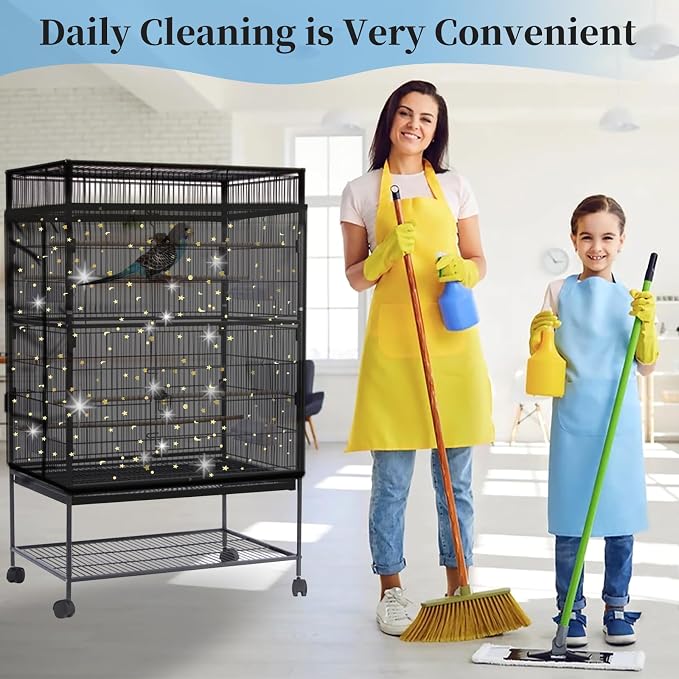 Daoeny 2PCS Bird Cage Seed Catcher, Large Bird Cage Cover, Adjustable Soft Airy Nylon Mesh, Birdcage Cover Skirt Seed Guard for Parrot Parakeet Macaw Round Square Cages (Black & White Sequins Star)