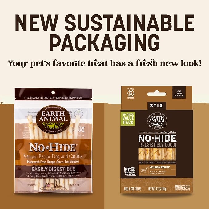 Earth Animal No Hide Stix - Long Lasting Rawhide Free Small Dog Chews Sticks, Venison - 30 Count