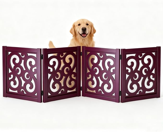 Ashfield & Harkness: 4-Panel Pet Gate - Scroll Mahogany - Wooden Foldable Freestanding Dog Fence, 80 x 23.5, Doorway-Halls-Stairs, 360 Rotated Hinges