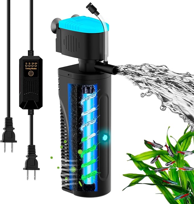 Aquarium Filter with U - V Clarifier for Green Water Cleaning | Fish Tank Filter to Remove Al-gae | Green Killing Machine | Aeration/Rainfall Mode | with Timer | Turtle Tank Filter (20-70Gal)