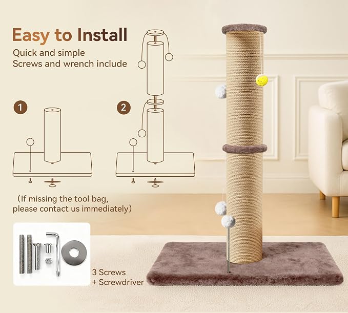 5-Inch Sisal Cat Scratching Post, 36" Tall Scratch Tower, Brown | 6.5" Top Perch, 20.8×15.9" Stable Base, Durable Scratcher, For Indoor Cats