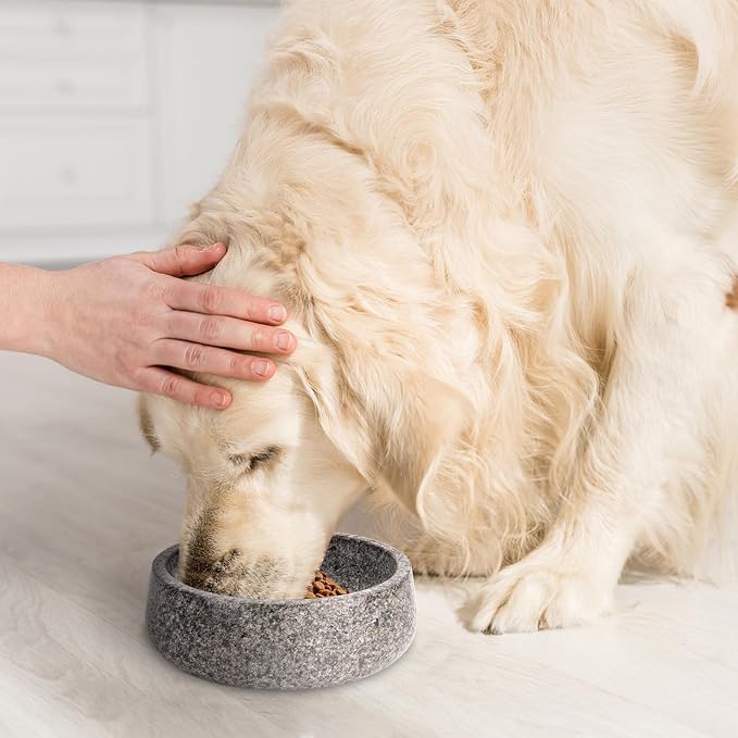 Granite Dog Bowl, Natural Stone Weighted Spill Proof Pet Food Water Container, Non-Slip Easy to Clean, Small Size for Small and Medium Dogs