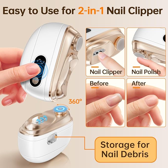 Electric Nail Clipper 2026 Upgraded 3 in 1 Rechargeable Automatic Nail Trimmer with LED Light & Clip Storage - USB Rechargeable for Baby, Kids,Seniors, Adults