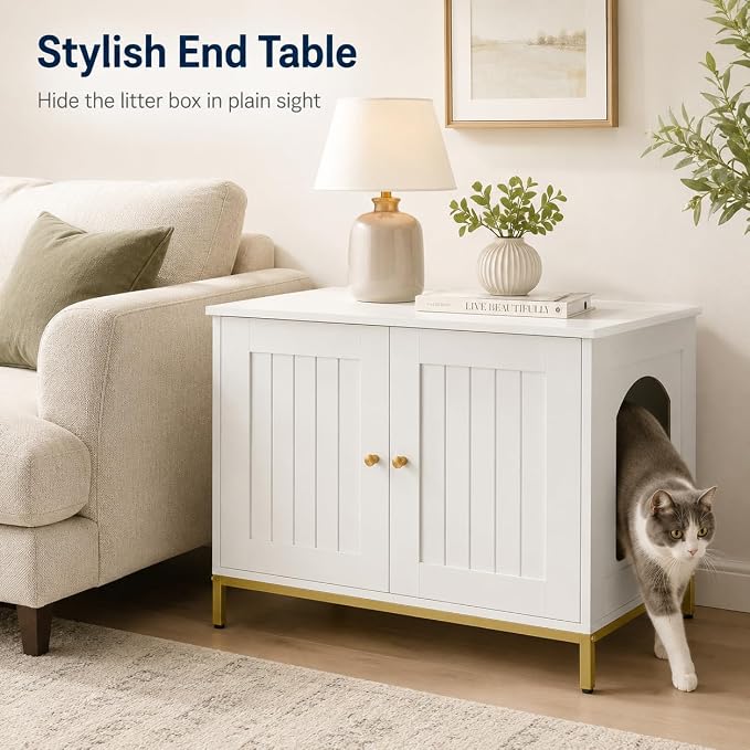 Homhedy Cat Litter Box Enclosure, Cat Washroom Furniture with Metal Frame, Pet House, Fit Most of Litter Box, Modern Style, White and Gold