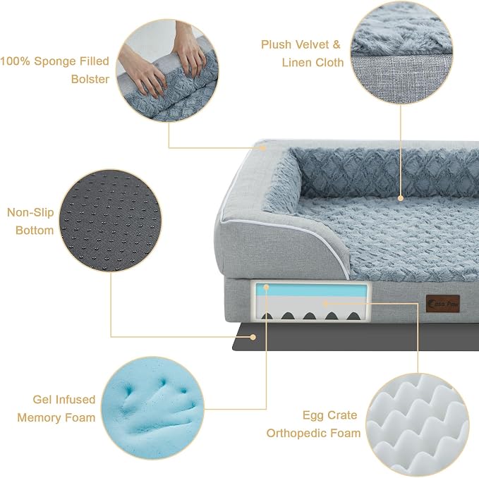 Orthopedic Dog Beds for Extra Large Sized Dogs 45x35 Inch, XL Waterproof Egg Crate Foam Dog Sofa Bed with Removable Washable Cover Big Pet Couch with Bolster & Non-Slip Bottom, Light Grey