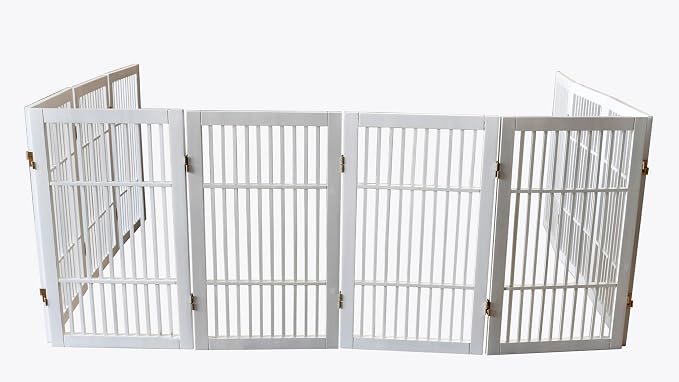 Urnporium Pet Dog Gate Freestanding, Strong Durable Folding Wooden Fence, Portable Acacia Hardwood Safety Barrier for Indoor & Outdoor Use (White Pet Gate, 10 Panel 30" Tall)