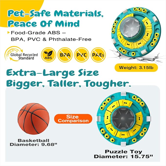 KADTC XL, 4 Levels in 1, Dog Puzzle Toy, Mental Stimulation & Slow Feeder | Push-to-release 16.6 oz feeder with 6 adjustable channels controls pace, challenge, and playtime for smart dogs.