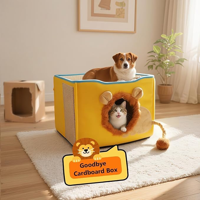 CWV Interactive Cat Toys for Indoor Cats, Kitten Toys with Scratch Pad， Cat Hideaway with Peekaboo Holes, Lion Cat House Cave with Soft Pillow