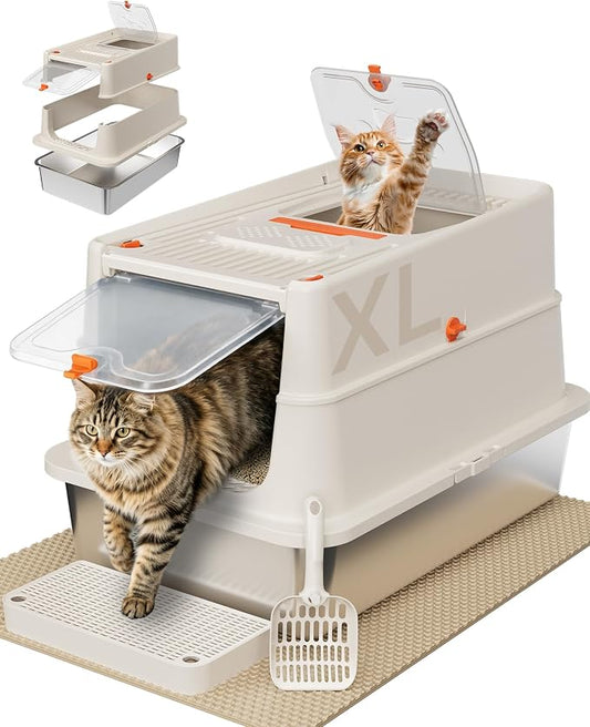 Stainless Steel Litter Box with Flip Lid, XL Extra Large Cat Litter Box with High Sided Top Entry Design, Anti-Leakage Enclosed Metal Litterbox for Big Cats, with Handle, Mat, Pedal & Scoop, Beige