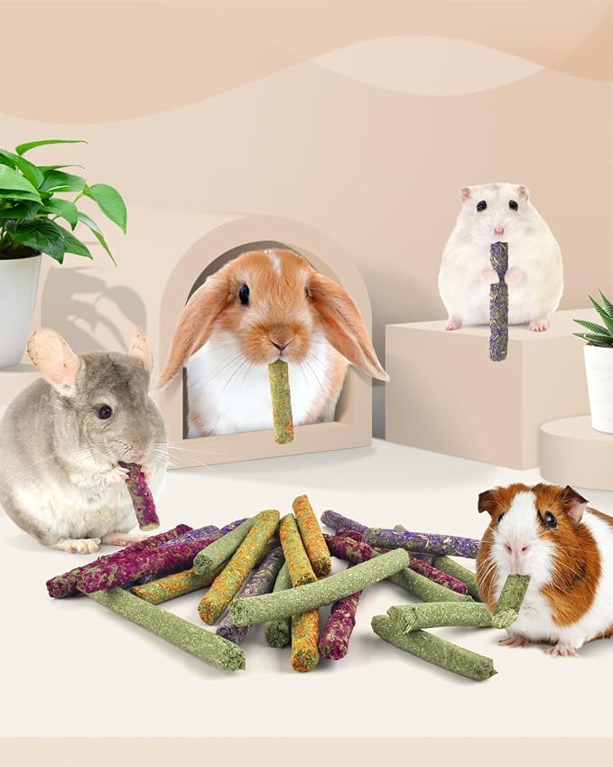 Bissap 22PCS Rabbit Chew Sticks, Mixed Natural Flower Rose Dahlberg Daisy and Forget-me-not Timothy Hay Chew Toys Treats for Rabbit Bunny Chinchilla Guinea Pig Hamster Other Small Animals Molar Snacks
