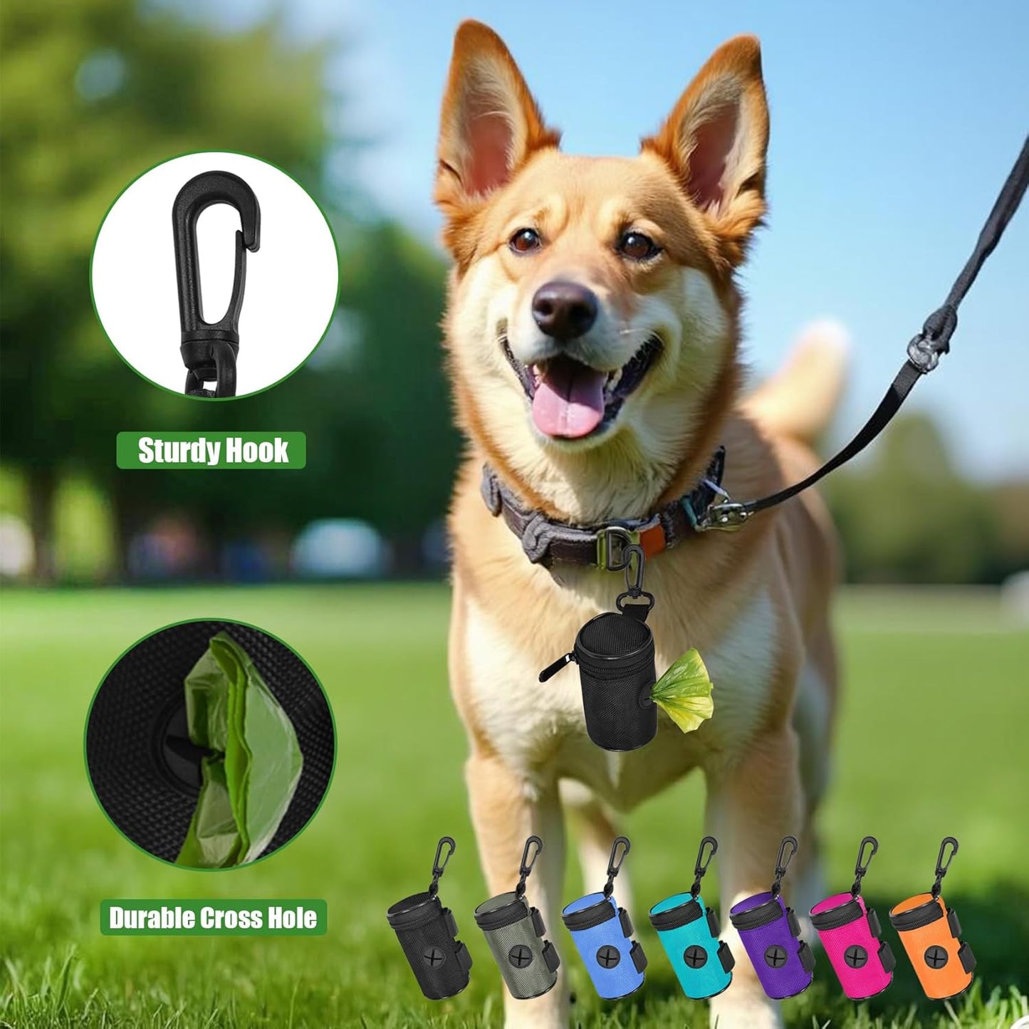 2 Pack Dog Poop Bag Holder for Leash Attachment - Waste Bag Dispenser for Leash - Fits Any Dog Leash - Portable Set with Hand Free Holder Metal Carrier, Black Round Shape