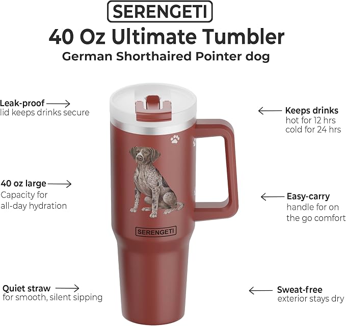 E&S Pets SERENGETI 40 Oz Ultimate Tumbler with Handle and Straw - Vacuum Insulated Tumbler with Straw and Lid - Stainless Steel Travel Mug for Pet Lovers - 3D Printing (German Shorthaired Pointer)