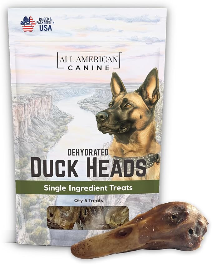All American Canine 5 Natural Duck Head Dog Treats – Single Ingredient, Dehydrated & Digestible – Low-Fat, High-Protein Chew for Training & Dental Health – Made in USA