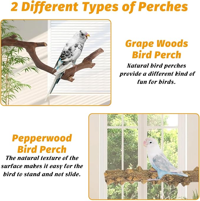 kathson Natural Parrot Perch for Cage Wooden Bird Perches Grape Bird Stick Parakeet Climbing Standing Branches Toy Chewable Cage Accessories for Small Budgies Cockatiels Lovebirds Budgies