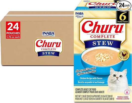 INABA Churu Complete Stew for Cats, Grain-Free, High Protein & Moisture, Wet Cat Food with Fish Oil, 1.76oz. Pouch, 24 Pouches, Chicken with Cheese Recipe
