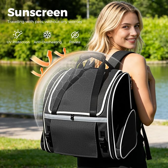 Lekereise Widened Pet Backpack Travel, Wide Pet Carrier Backpack for Large Cats and Dogs up to 20 lbs, Breathable Mesh Backpack Carrier with Sun Shade, Leash, Hand Carry for Travel Vet Car, Black