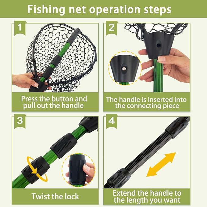 Telescoping Metal Lock Fishing Net with Handle Red Green 64" 52" Rubber Fish Net - Adjustable Length Lightweight Foldable Large Big Collapsible Extendable Fishing Net