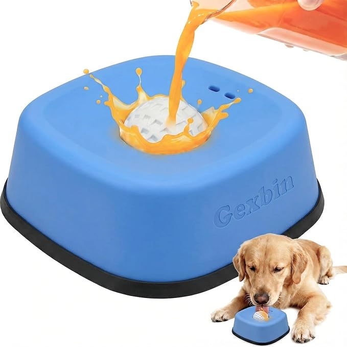 Slow Feeder Dog Bowl for Liquid Treats – Dog Lick Bowl with Rolling Ball, Anti-Slip Dog Enrichment Toy for Bone Broth and Yogurt, Calming Mental Stimulation for Small Medium Breeds-Blue