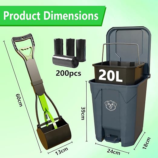 Outdoors Pet Waste Station 20L/5 Gallon Dog Poop Trash Can with Lid – Foot Pedal, Removable Inner Bin,Includes 200 Bonus Waste Bags & Long Handle Green Pooper Scooper