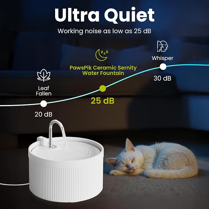 PawsPik Ceramic Serenity Pet Water Fountain – Faucet-Style Spout, Quiet Motor, 5-Layer Filter – BPA-Free Ceramic Bowl for Dogs & Cats, 9-Cup, White