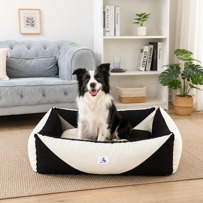 Cotton Canvas Dog Bed, Dog Beds Large Sized Dog, Orthopedic Bed with Washable Removable Cover, Durable 290 GSM Cotton Anti-Chewing Pet Bed with Anti-Slip Bottom (38"x30"x12", Black&White)
