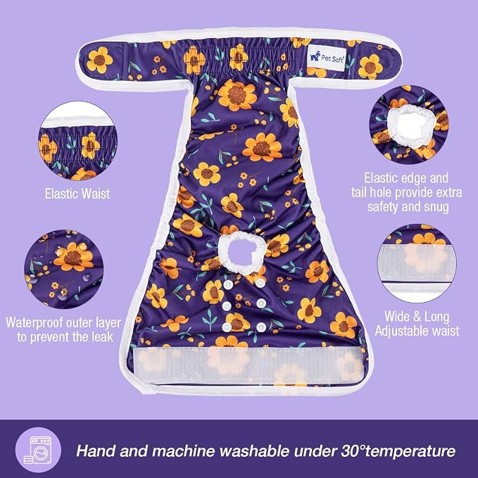 Pet Soft Washable Female Diapers (3 Pack) Female Dog Diapers, Comfort Reusable Doggy Diapers for Girl Dog in Period Heat (Cute Flower, S)