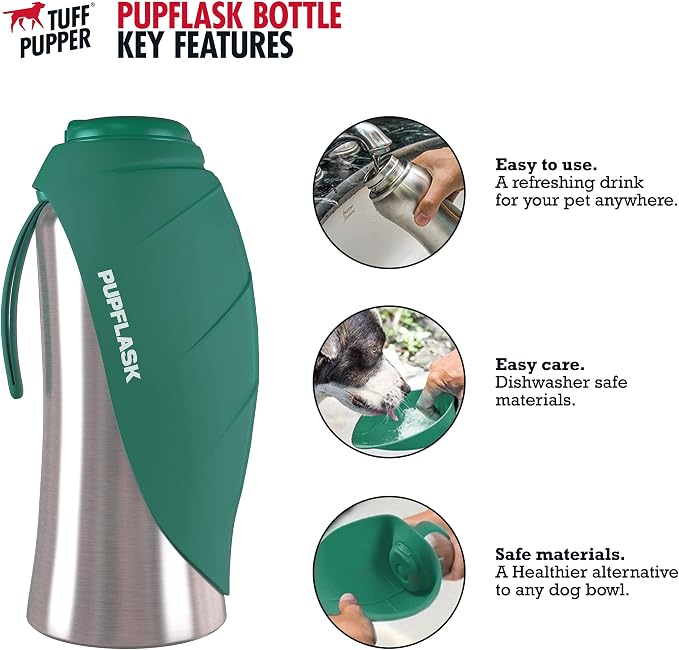Tuff Pupper Retractable Dog Leash and 27oz Pupflask Portable Water Bottle - Green