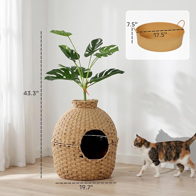 PawHut Hidden Cat Litter Box Plant Furniture Enclosure with Faux Plant & Stainless Steel Tray, Decorative Rattan Planter Cat Bed, Real Stones, for Bedroom, Living Room, Corner