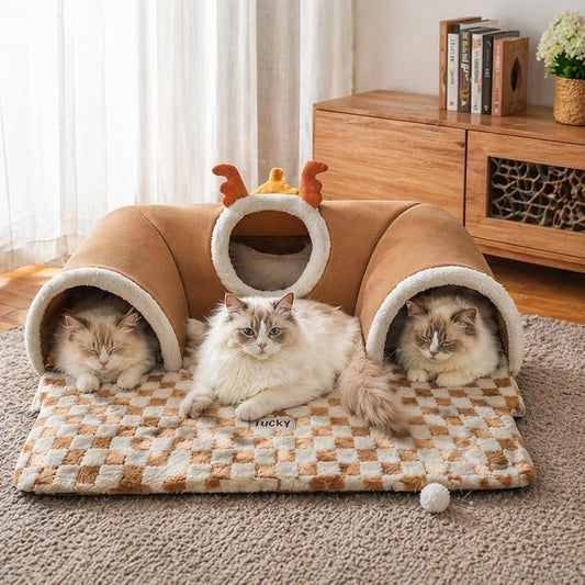 Cat Tunnel Bed for Indoor Cats, Removable Cute Cat Tunnel for Small Large Cats with Plush Balls Toys, Peekaboo Pet Cave Play Tunnel for Kitten, Puppy, Rabbit(Brown,X-Large)