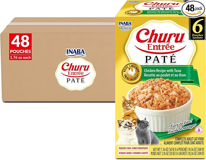 INABA Churu Entrée Pate for Cats, High Protein & Moisture, Prebiotic Wet Cat Food, 1.76oz. per Serving, 48 Pouches, Chicken with Tuna Recipe