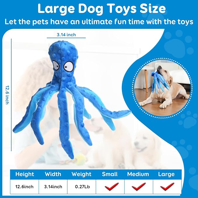 Plush Octopus Dog Toy with Squeaker, No Stuffing for Safety, Soft and Durable Dual-Layer Fabric, Suitable for Small to Large Dogs (Blue)