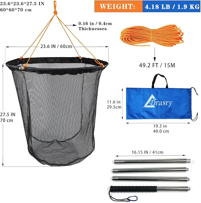 Drasry Large Collapsible Bridge Pier Fishing Net Landing Net with Rod, High Load Aluminum Ring Drop Net for Saltwater and Freshwater Pier Fishing Basket with 49.2 ft. Rope