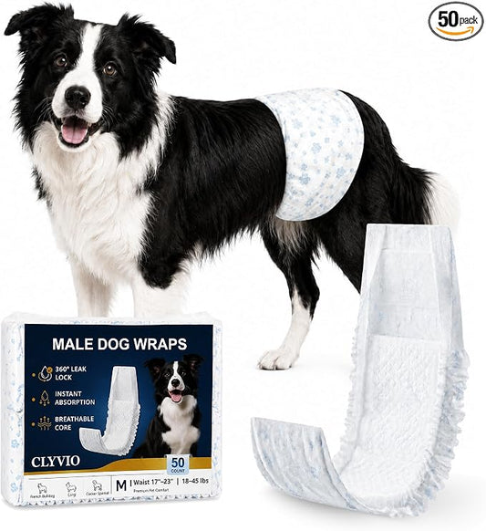 Dog Diapers Male Medium, Disposable Wraps Belly Band, 17-23", 50 Ct | 6-layer absorbent core · wetness indicator · soft breathable fit · extra absorbent · for marking, senior care & recovery