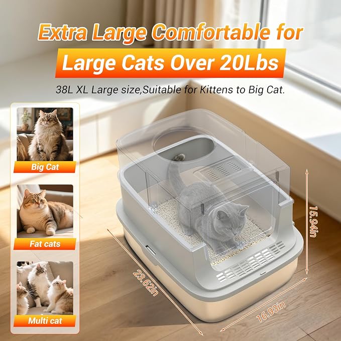 Stainless Steel Litter Box with Lid,Top Entry Litter Box, Extra Large Cat Litter Box,High Sided, Anti-Urine Leakage, Non-Stick Bottom Comes with Litter Mat & Metal Scoop,Grey