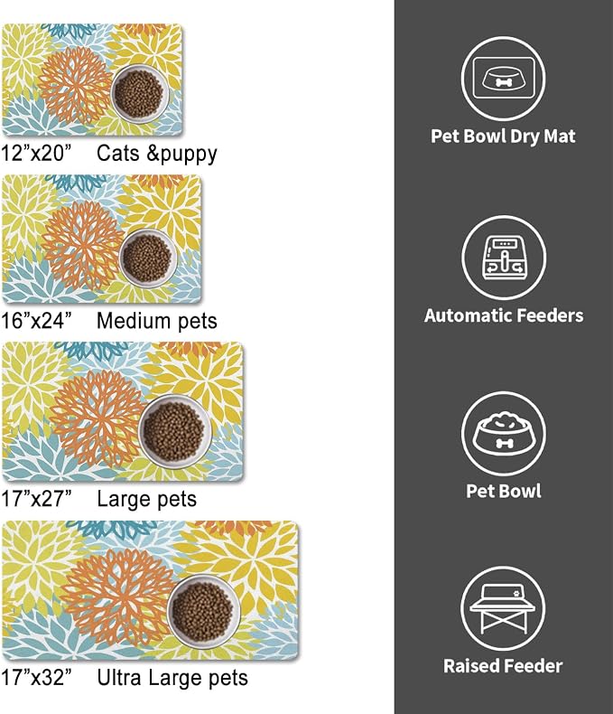 Dog Food Mats for Floors, Absorbent and Quick-Drying Pet Cat Food Mat,Anti-Fouling and Easy-to-Clean Pet Feeding Mat,Dog Bowl Mat for Messy Drinking Water Bowls.12x20, Bohemia Dahlia Floral Style