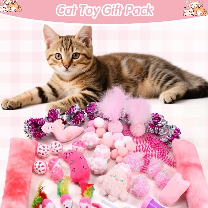 170 Pcs Cat Toy Pack for Indoor Cats Interactive Kitten Toys Including Cat Spring Plush Ball Launcher Catnip Mice Bell Balls Elastic Wool Balls for Indoor Cats Variety Pack