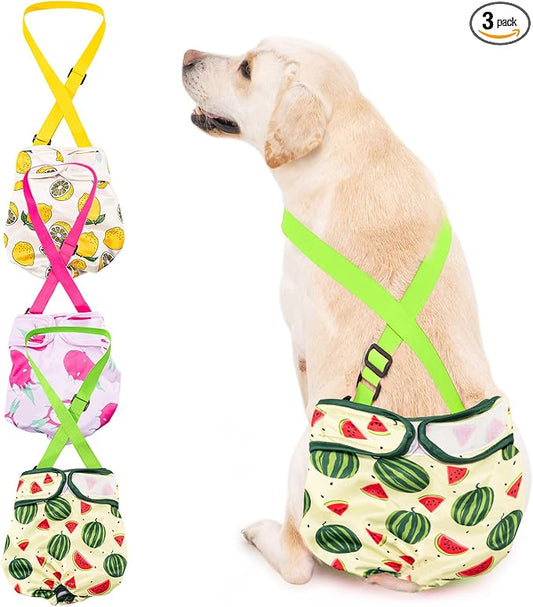 Avont 3 Pack Washable Female Dog Diaper with Suspender, Reusable Girl Doggie Diapers for Small Medium Large Doggy in Heat Cycle Period Incontinence