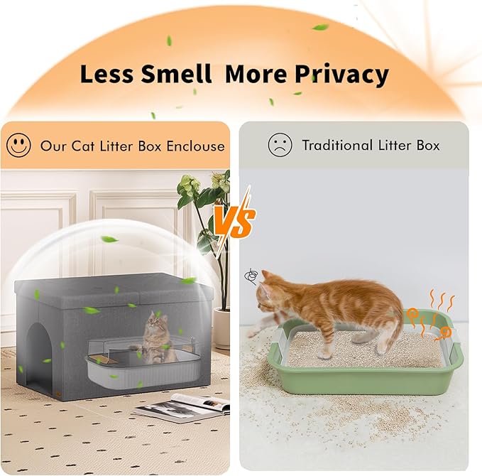 Zerbuger Cat Litter Box Enclosure Furniture for Odor Control, Hidden Cabinet Cats Litter Ottoman with Flip-Up Lid,Cat Litter Box Bench with Storage Space, Dog Proof(Grey, X-Large)