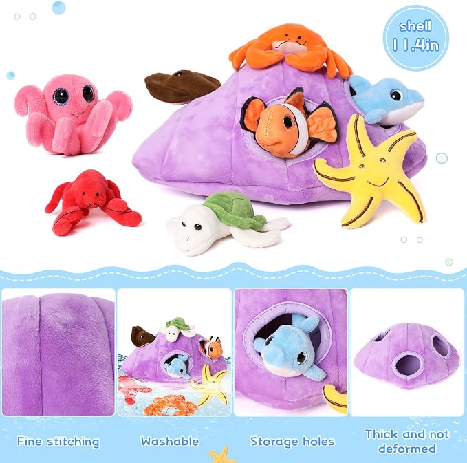 Muiteiur Ocean Sea Stuffed Animals Set,9 Piece Fun Seashell House Plush Set, Soft Educational Toy for Imaginative Play, for Kids Babies