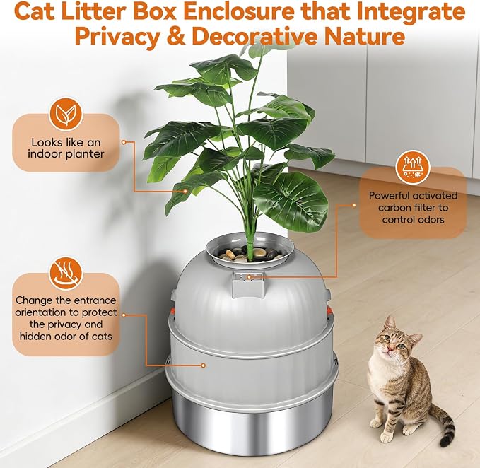 Hidden Cat Litter Box Enclosure with Artificial Plant, Stainless Steel Litter Box Furniture, Decorative Round Planter Includes Scoop, Pebbles, Carbon Filter, Easy to Clean (Light Grey)