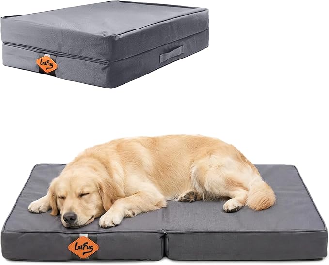 Laifug Foldable Waterproof Dog Bed for Large Dogs - Outdoor Orthopedic Dog Bed with Washable Removable Cover, Pet Mattress with Handles, Elephant Grey, (44 x 32 x 3.5 inches)