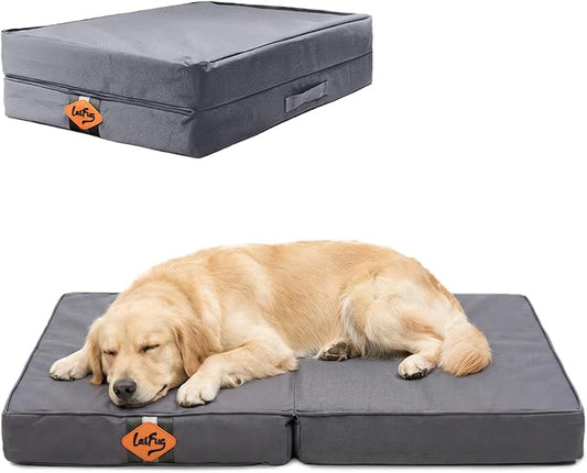 Laifug Foldable Waterproof Dog Bed for Large Dogs - Outdoor Orthopedic Dog Bed with Washable Removable Cover, Pet Mattress with Handles, Elephant Grey, (44 x 32 x 3.5 inches)